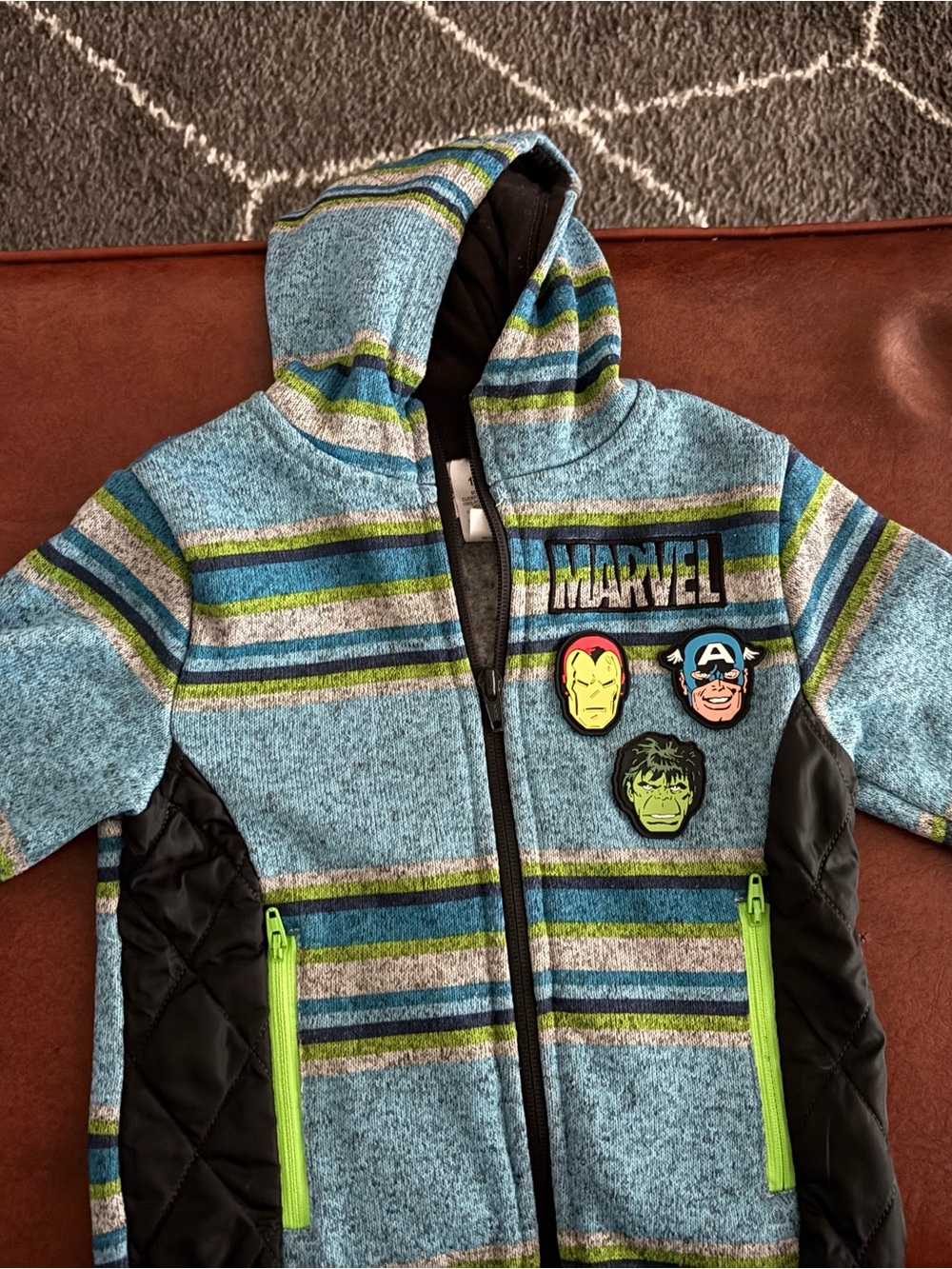 Marvel Blue, Green & Gray Striped Hooded Zip Sweatshirt
